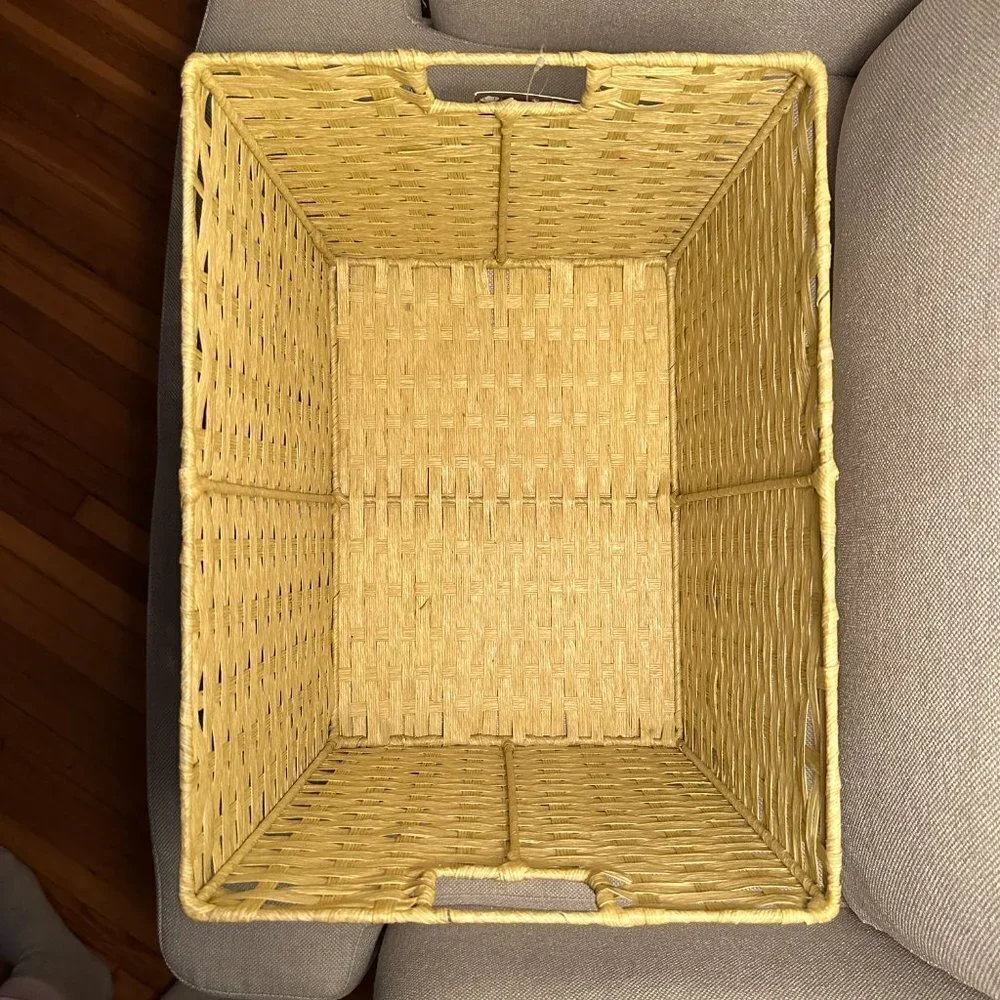 Yellow Woven Cord Tote Basket With Handles